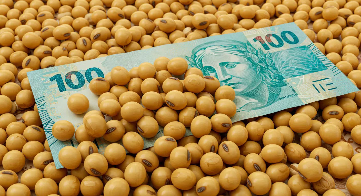 Nota de cem reais entre grãos de soja