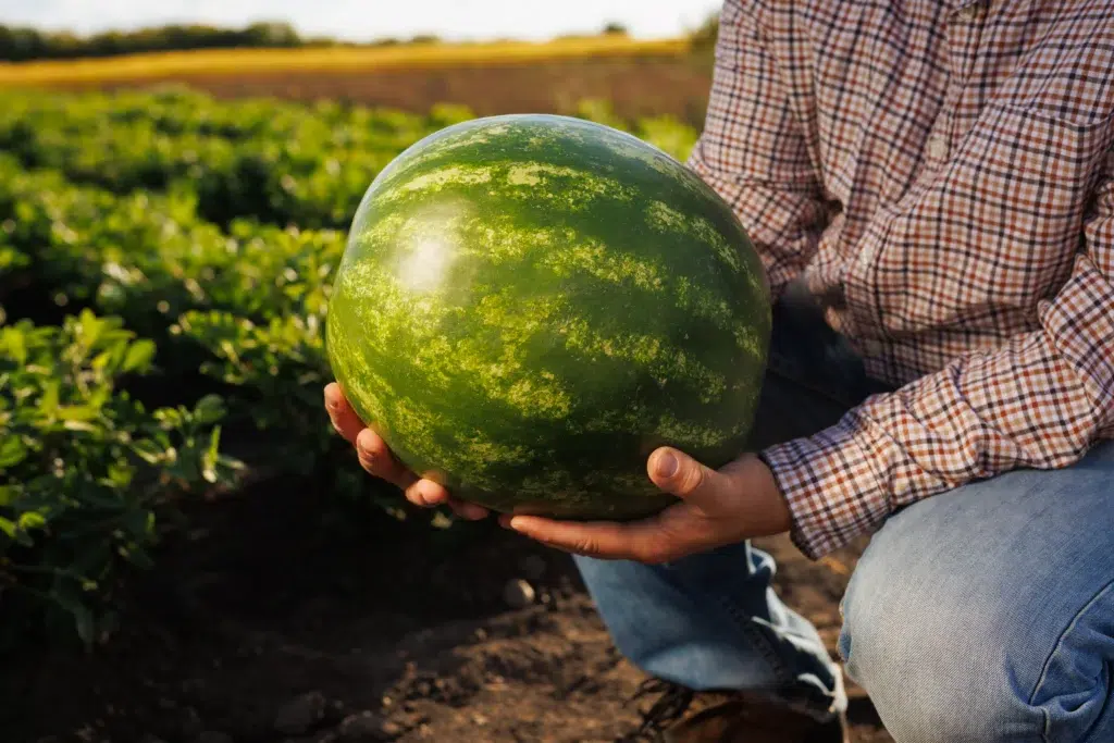 farmer man holding ripe watermelon in field close 2025 03 18 18 22 07 utc