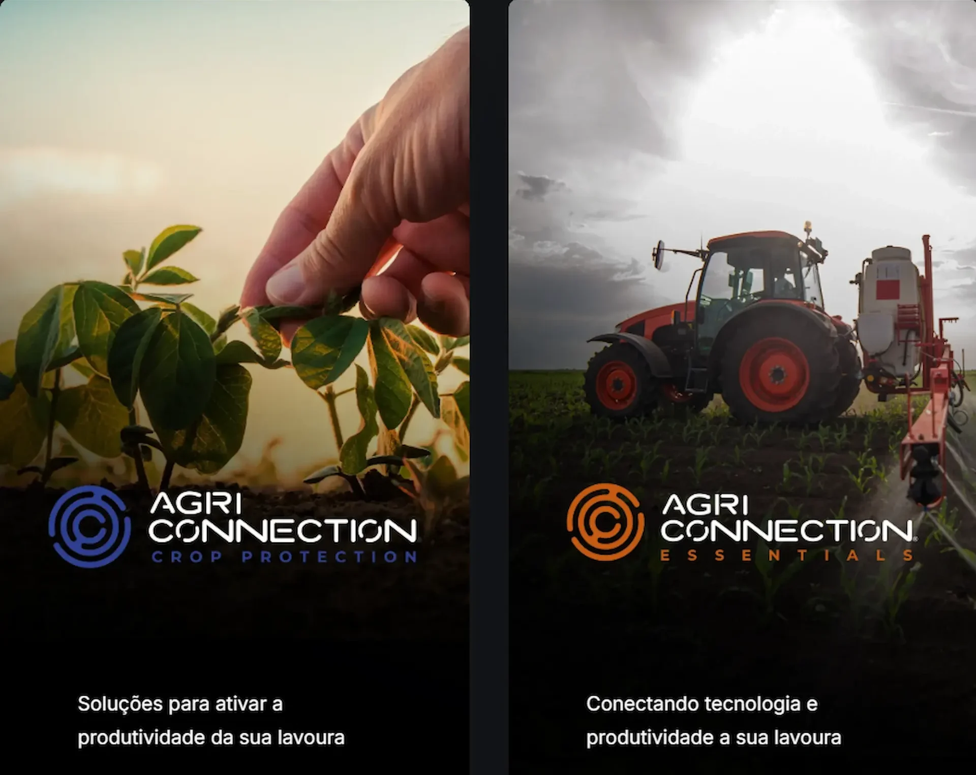 Duas linhas do portfólio da AgriConnection. À esquerda, "AgriConnection Crop Protection", com logo azul, e o slogan "Soluções para ativar a produtividade da sua lavoura". À direita,"AgriConnection Essentials", com logo laranja, e o slogan "Conectando tecnologia e produtividade a sua lavoura".