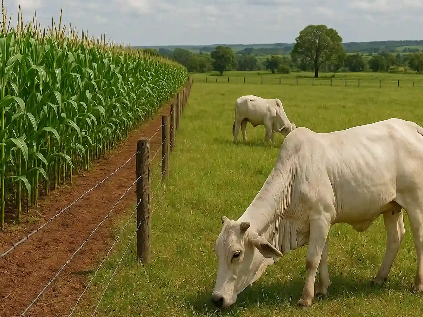 Lavoura de milho ao lado de piquete destinado à pecuária, com dois bois nelores brancos pastoreando, ilustrando a diversificação no agro