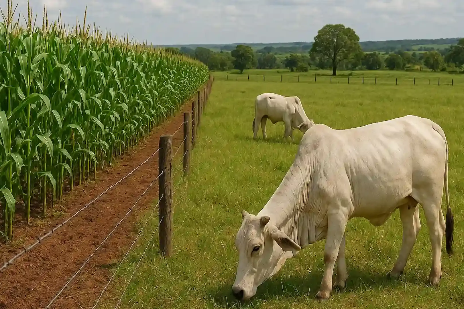 Lavoura de milho ao lado de piquete destinado à pecuária, com dois bois nelores brancos pastoreando, ilustrando a diversificação no agro