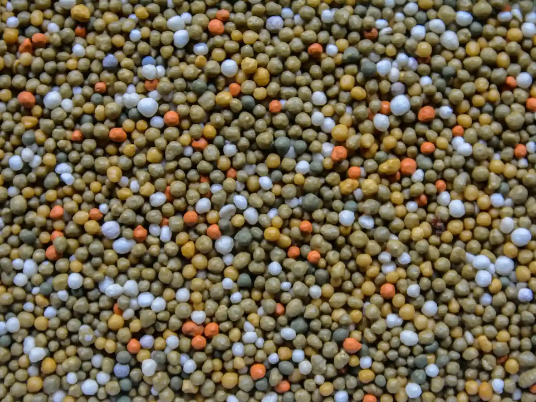 Variedade vibrante de fertilizantes dispostos em recipiente.