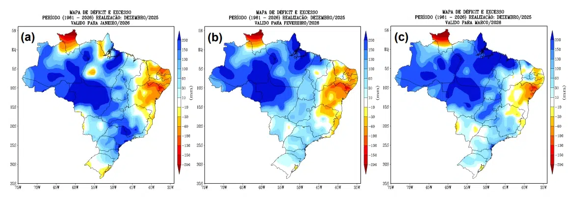 Mapa do Brasil mostrando a previsão de déficits e excessos de água no solo (mm) para os meses de (a) dezembro de 2025, (b) janeiro e (c) fevereiro de 2026 no Brasil, considerando capacidade de água disponível (CAD) de 100 mm.