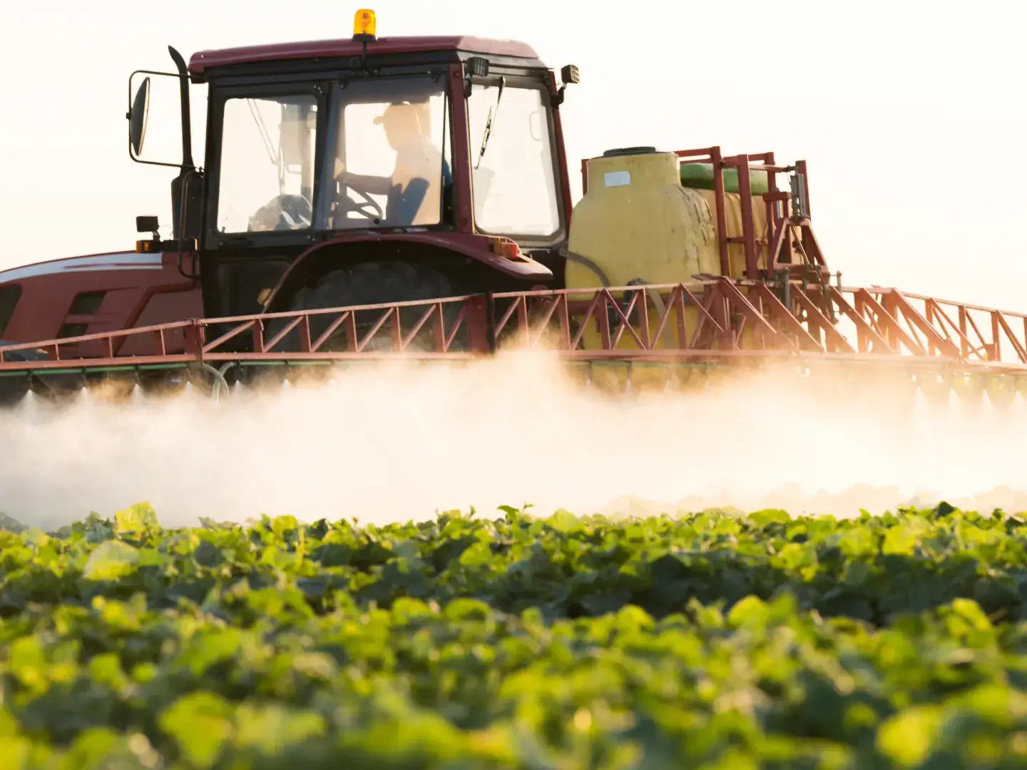 Trator fazendo uma pulverização agrícola na lavoura.